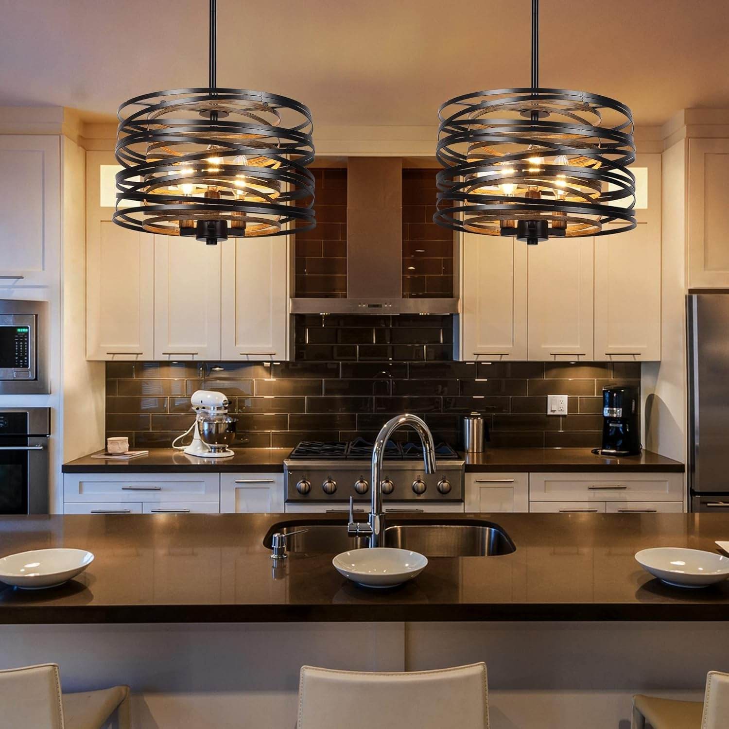 12.6'' Farmhouse Chandeliers for Dining Room, 3-Light Industrial Metal Hanging Light Fixture, Rustic Drum Pendant Light for Entryway Kitchen Foyer Bedroom, Black with Retro Wood Texture Interior - Loft&Timber