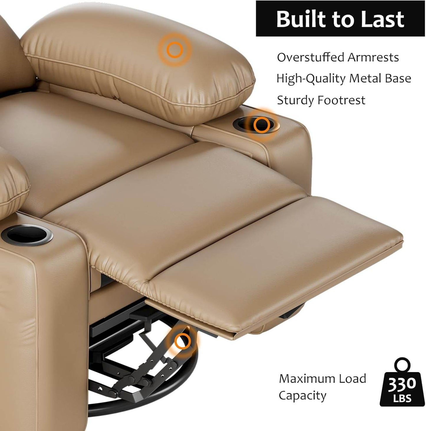 Leather Recliner Chair, Manual Recliner W/Comfortable Arms and Cup Holders for Living Room CF8011 - Khaki, Medium - Loft&Timber