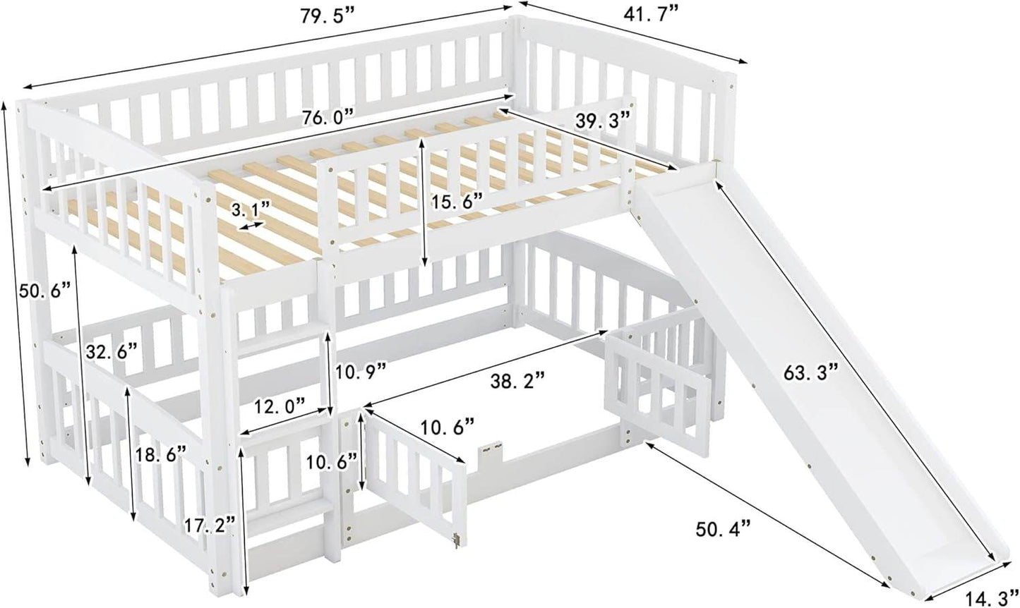 Bunk Bed Twin over Twin with Slide and Stairs, Twin Bunk Bed for Kids, Girls, Boys, Floor Bunk Bed with Fence and Door, White - Loft&Timber