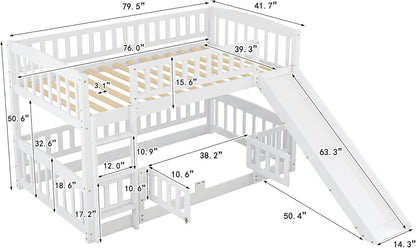 Bunk Bed Twin over Twin with Slide and Stairs, Twin Bunk Bed for Kids, Girls, Boys, Floor Bunk Bed with Fence and Door, White - Loft&Timber