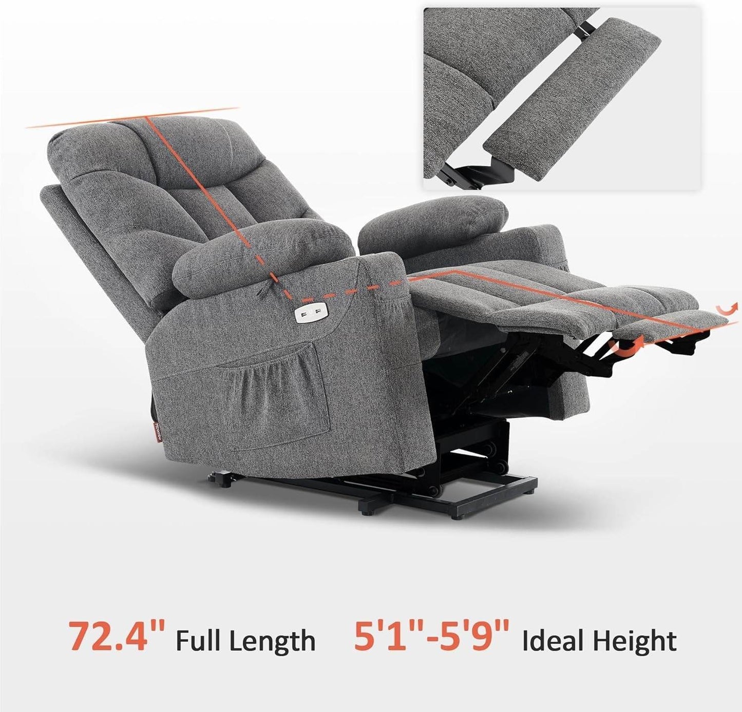Power Lift Recliner Chair with Extended Footrest (Dark Gray, Medium-Regular) - Loft&Timber