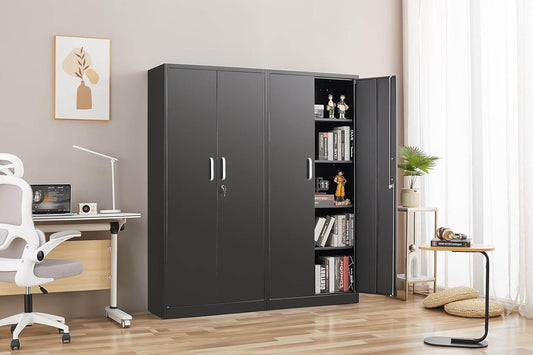Metal Storage Cabinet with Adjustable Shelves, Garage Storage Cabinet with Doors and Shelves, File Cabinets for Home Office, Kitchen Pantry Cabinet, 71'H, Black-1