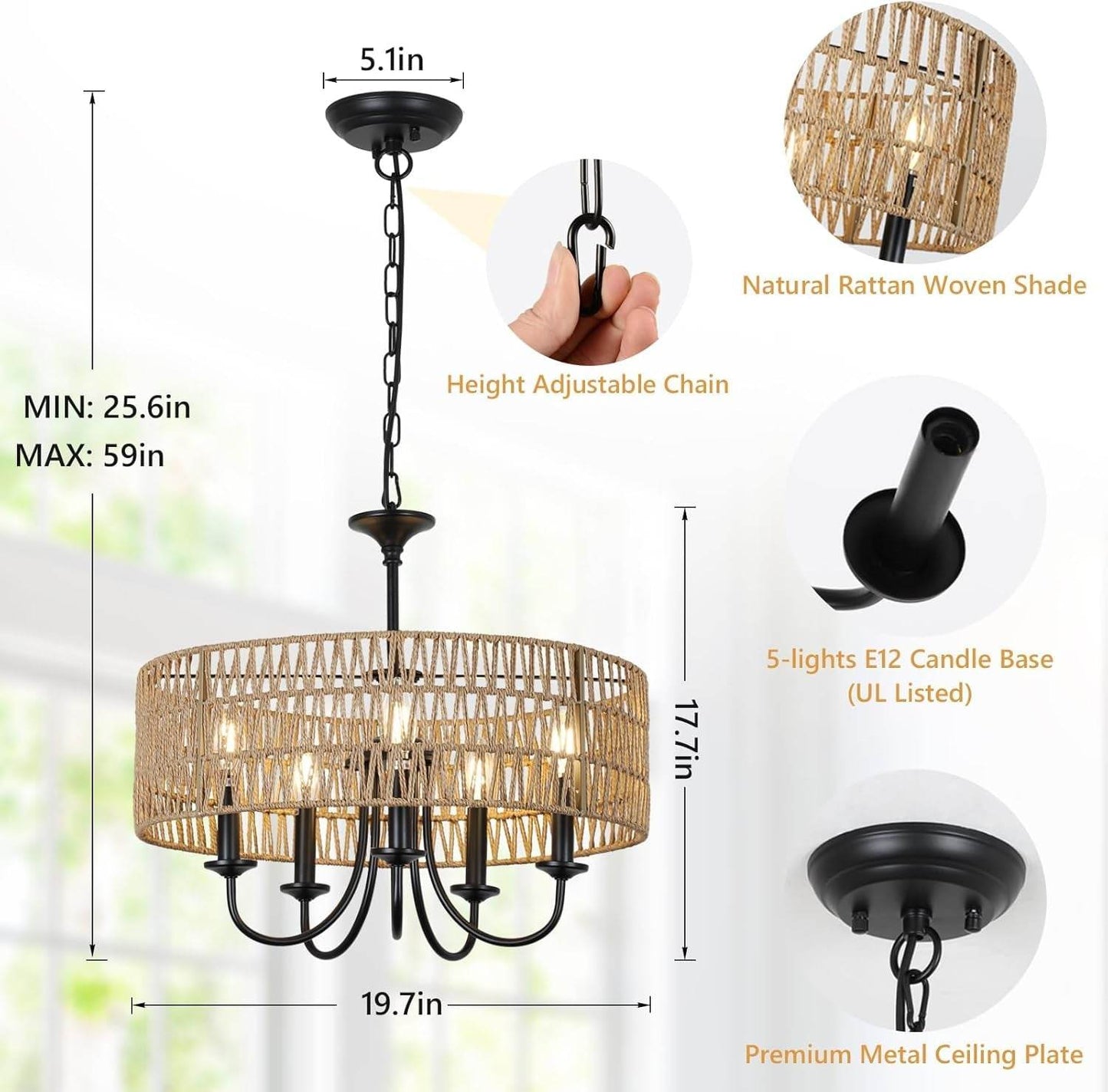 Modern Farmhouse Chandelier Light Fixtures, 5-Lights Large Rattan Pendant Lighting with Hand Woven Wicker Shade, Boho Black Chandeliers for Dining Room Living Room Kitchen Island Bedroom-3