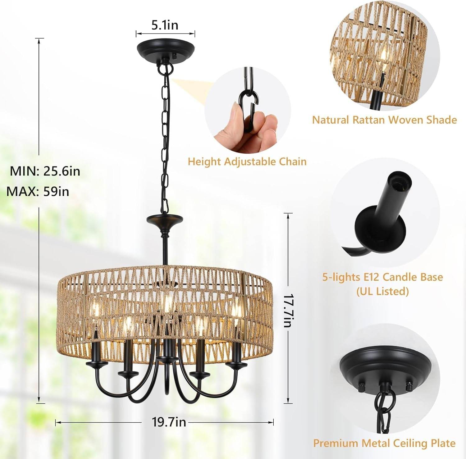 Modern Farmhouse Chandelier Light Fixtures, 5-Lights Large Rattan Pendant Lighting with Hand Woven Wicker Shade, Boho Black Chandeliers for Dining Room Living Room Kitchen Island Bedroom-3