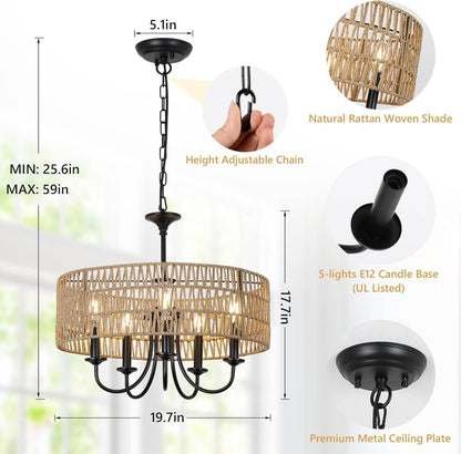 Modern Farmhouse Chandelier Light Fixtures, 5-Lights Large Rattan Pendant Lighting with Hand Woven Wicker Shade, Boho Black Chandeliers for Dining Room Living Room Kitchen Island Bedroom-3