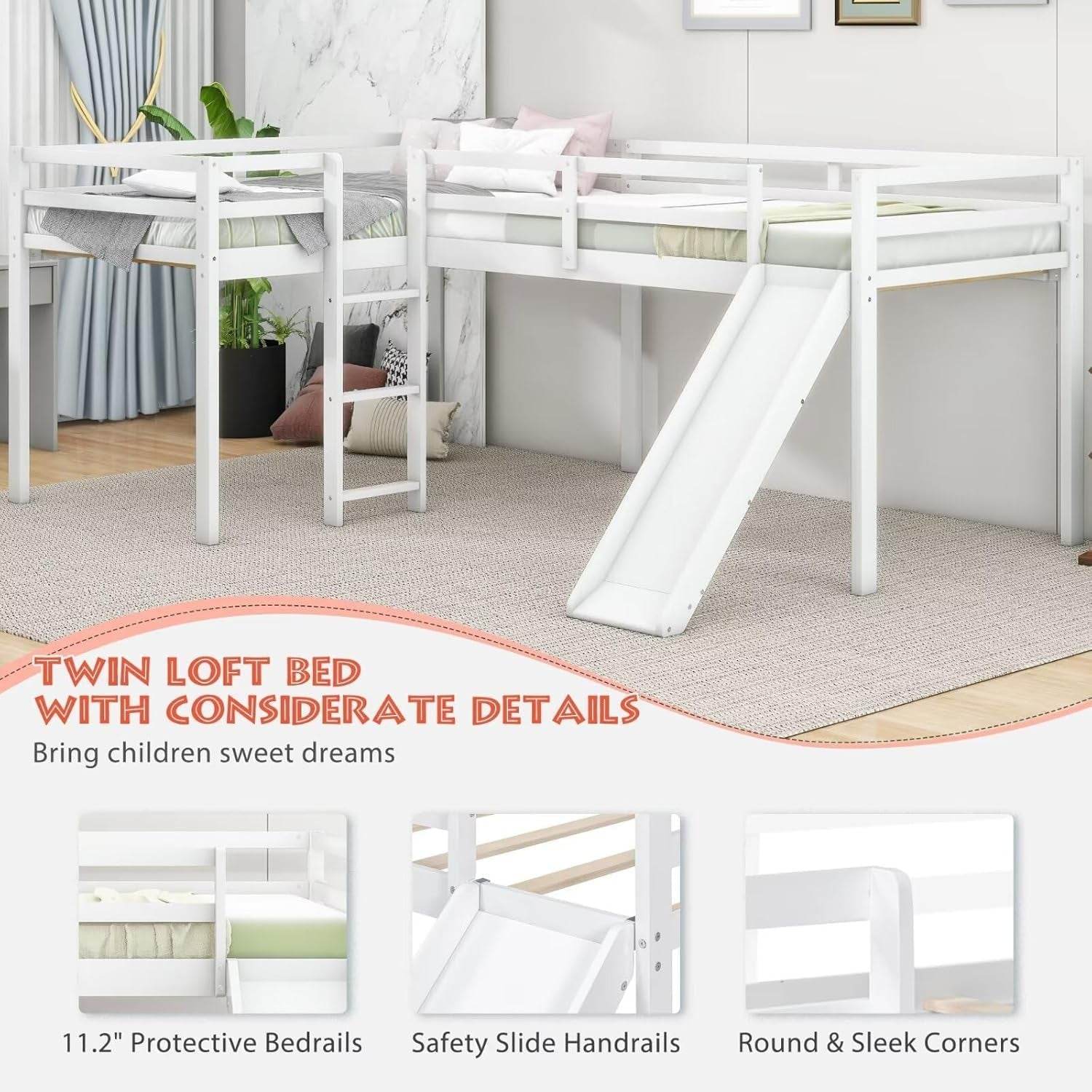 Wooden Twin Size Double Loft Bed with Slide and Ladder, L-Shaped Bed Frame with Full-Length Guardrail, Wood Bedframe for Kids Teens Adults Bedroom, 2 Twin Beds,White - Loft&Timber