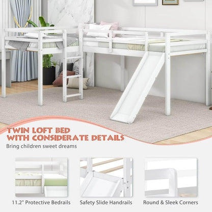 Wooden Twin Size Double Loft Bed with Slide and Ladder, L-Shaped Bed Frame with Full-Length Guardrail, Wood Bedframe for Kids Teens Adults Bedroom, 2 Twin Beds,White - Loft&Timber