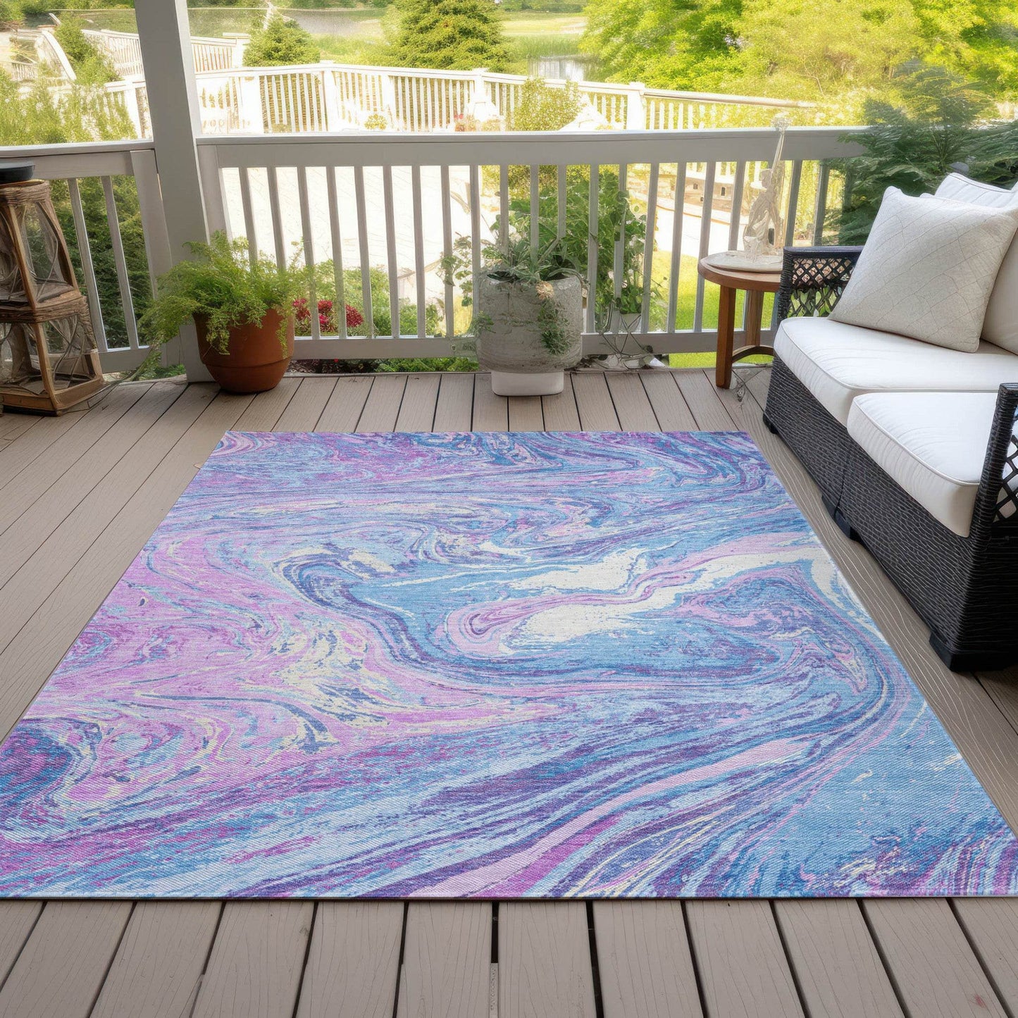 8' X 10' Sky Blue Lavender And Ivory Abstract Washable Indoor Outdoor Area Rug - Loft&Timber