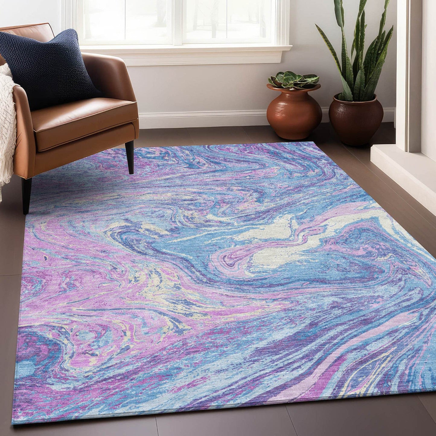 8' X 10' Sky Blue Lavender And Ivory Abstract Washable Indoor Outdoor Area Rug - Loft&Timber