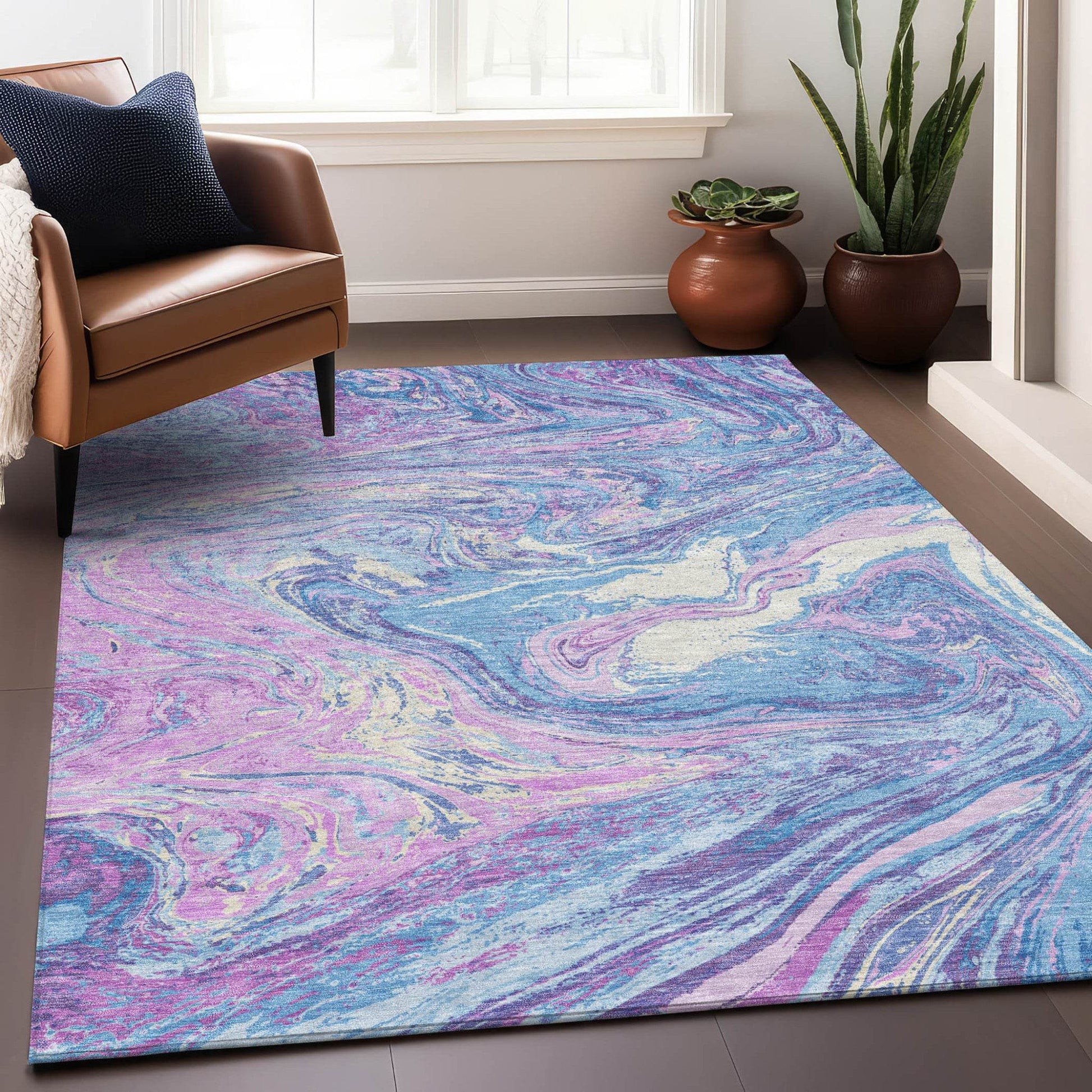 8' X 10' Sky Blue Lavender And Ivory Abstract Washable Indoor Outdoor Area Rug - Loft&Timber