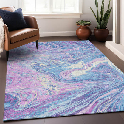8' X 10' Sky Blue Lavender And Ivory Abstract Washable Indoor Outdoor Area Rug - Loft&Timber