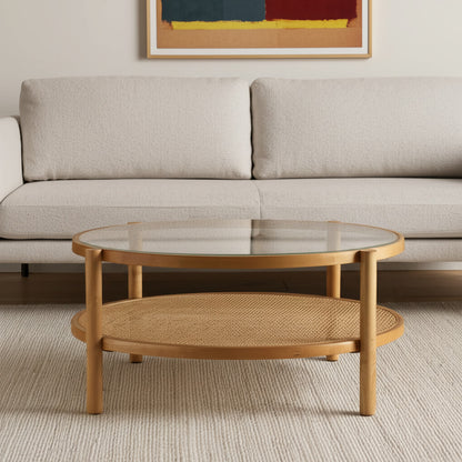 34" Clear and Natural Glass and Solid Wood Round Coffee Table With Shelf - Loft&Timber