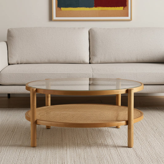 34" Clear and Natural Glass and Solid Wood Round Coffee Table With Shelf - Loft&Timber