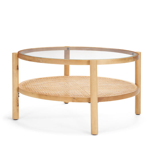 34" Clear and Natural Glass and Solid Wood Round Coffee Table With Shelf - Loft&Timber