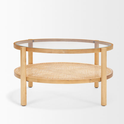 34" Clear and Natural Glass and Solid Wood Round Coffee Table With Shelf - Loft&Timber