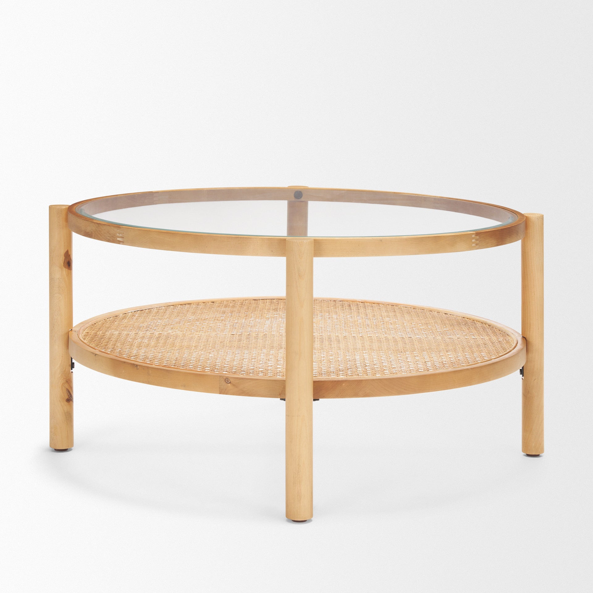 34" Clear and Natural Glass and Solid Wood Round Coffee Table With Shelf - Loft&Timber