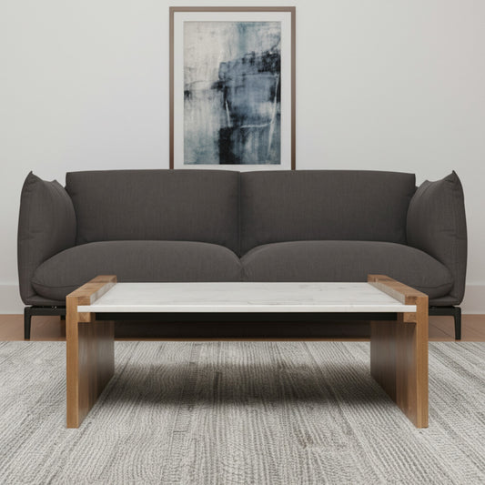 48" Natural and White Solid Wood And Genuine Marble Coffee Table - Loft&Timber