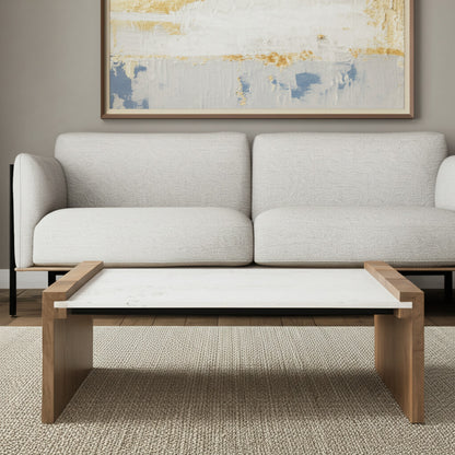 48" Natural and White Solid Wood And Genuine Marble Coffee Table - Loft&Timber