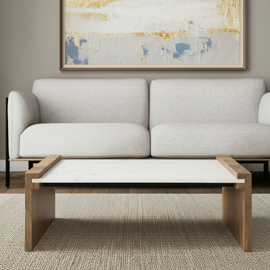 48" Natural and White Solid Wood And Genuine Marble Coffee Table - Loft&Timber