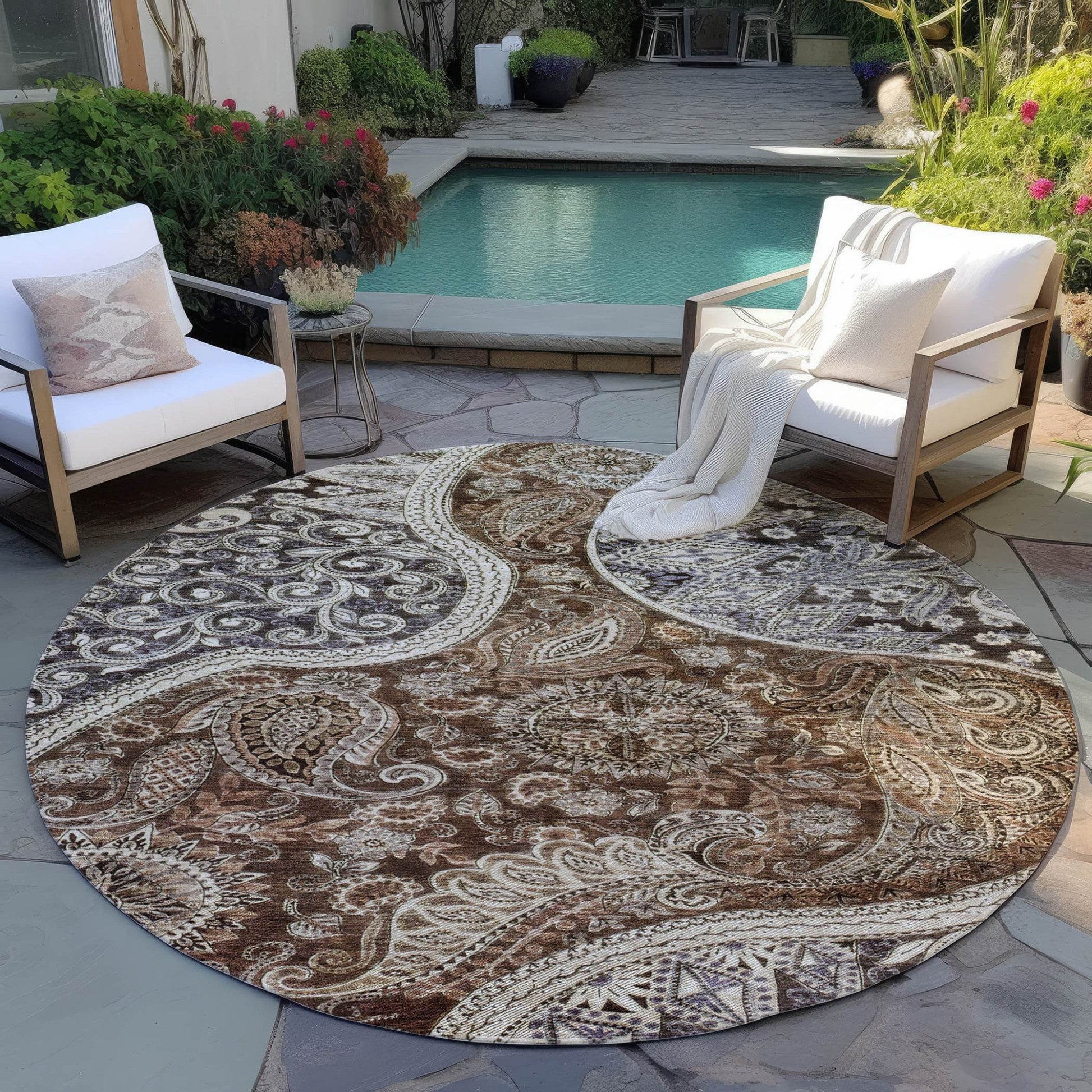 8' Brown Beige And Tan Round Floral Medallion Washable Indoor Outdoor Area Rug - Loft&Timber
