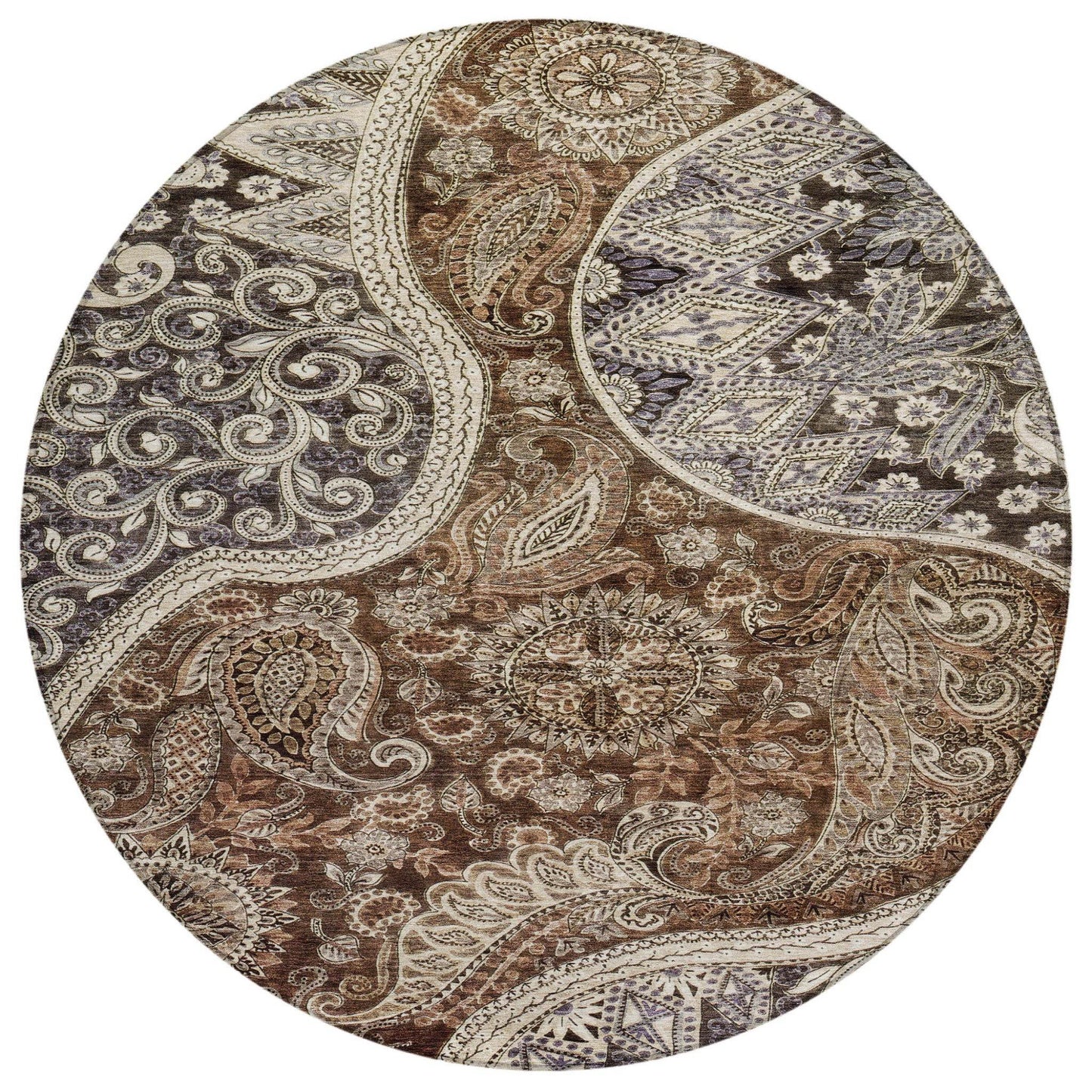 8' Brown Beige And Tan Round Floral Medallion Washable Indoor Outdoor Area Rug - Loft&Timber