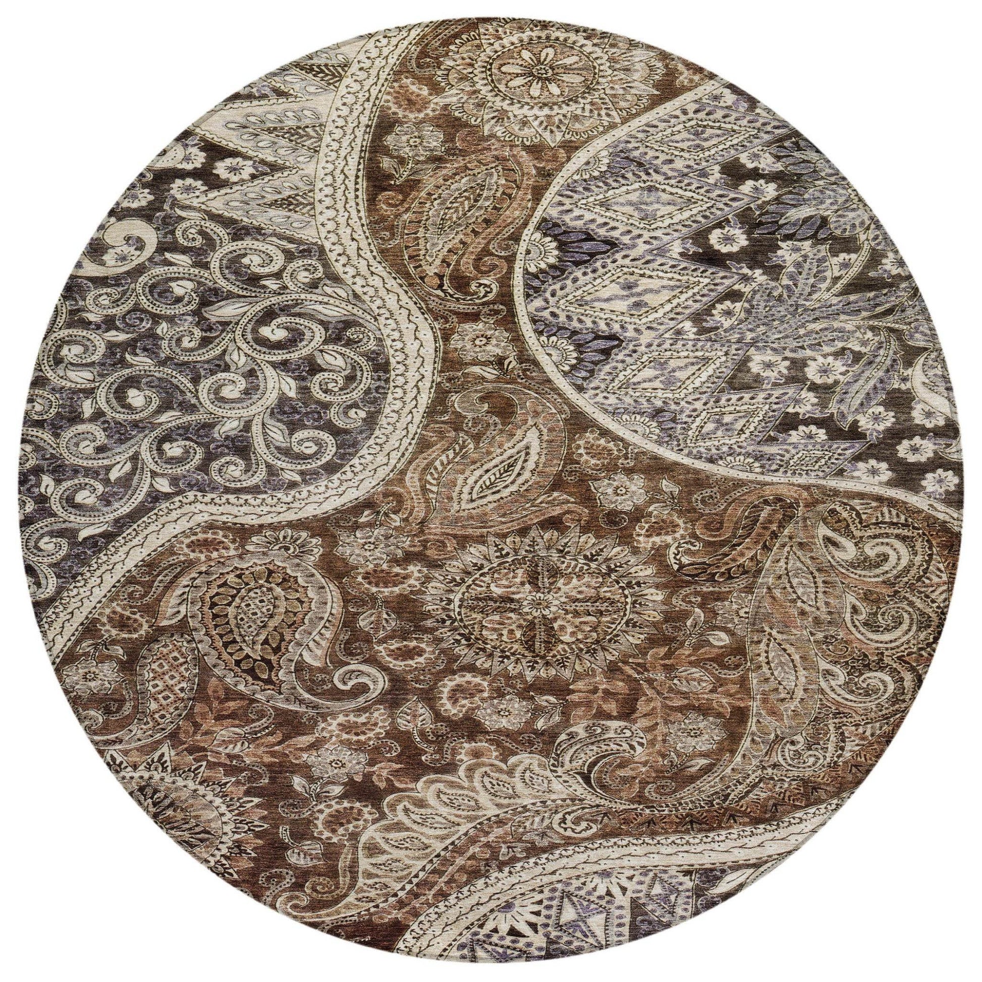 8' Brown Beige And Tan Round Floral Medallion Washable Indoor Outdoor Area Rug - Loft&Timber