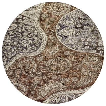 8' Brown Beige And Tan Round Floral Medallion Washable Indoor Outdoor Area Rug - Loft&Timber