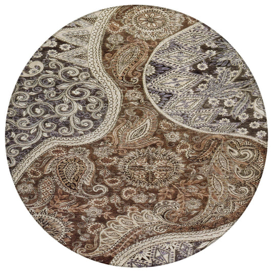 8' Brown Beige And Tan Round Floral Medallion Washable Indoor Outdoor Area Rug - Loft&Timber