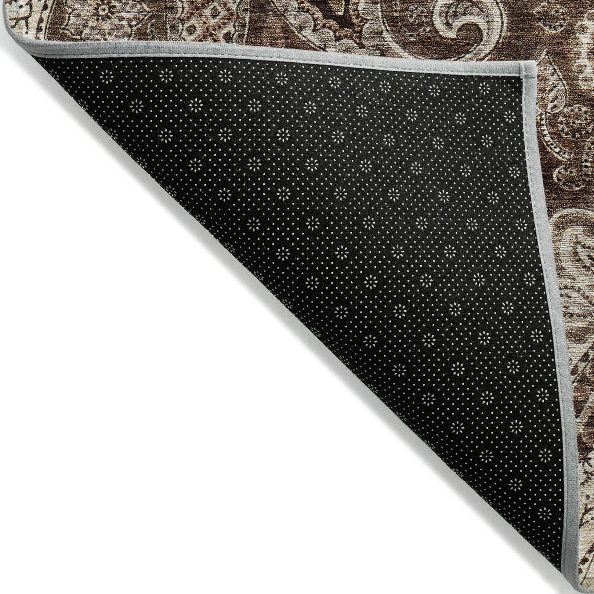 8' Brown Beige And Tan Round Floral Medallion Washable Indoor Outdoor Area Rug - Loft&Timber