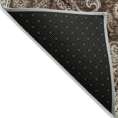 8' Brown Beige And Tan Round Floral Medallion Washable Indoor Outdoor Area Rug - Loft&Timber