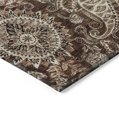 8' Brown Beige And Tan Round Floral Medallion Washable Indoor Outdoor Area Rug - Loft&Timber