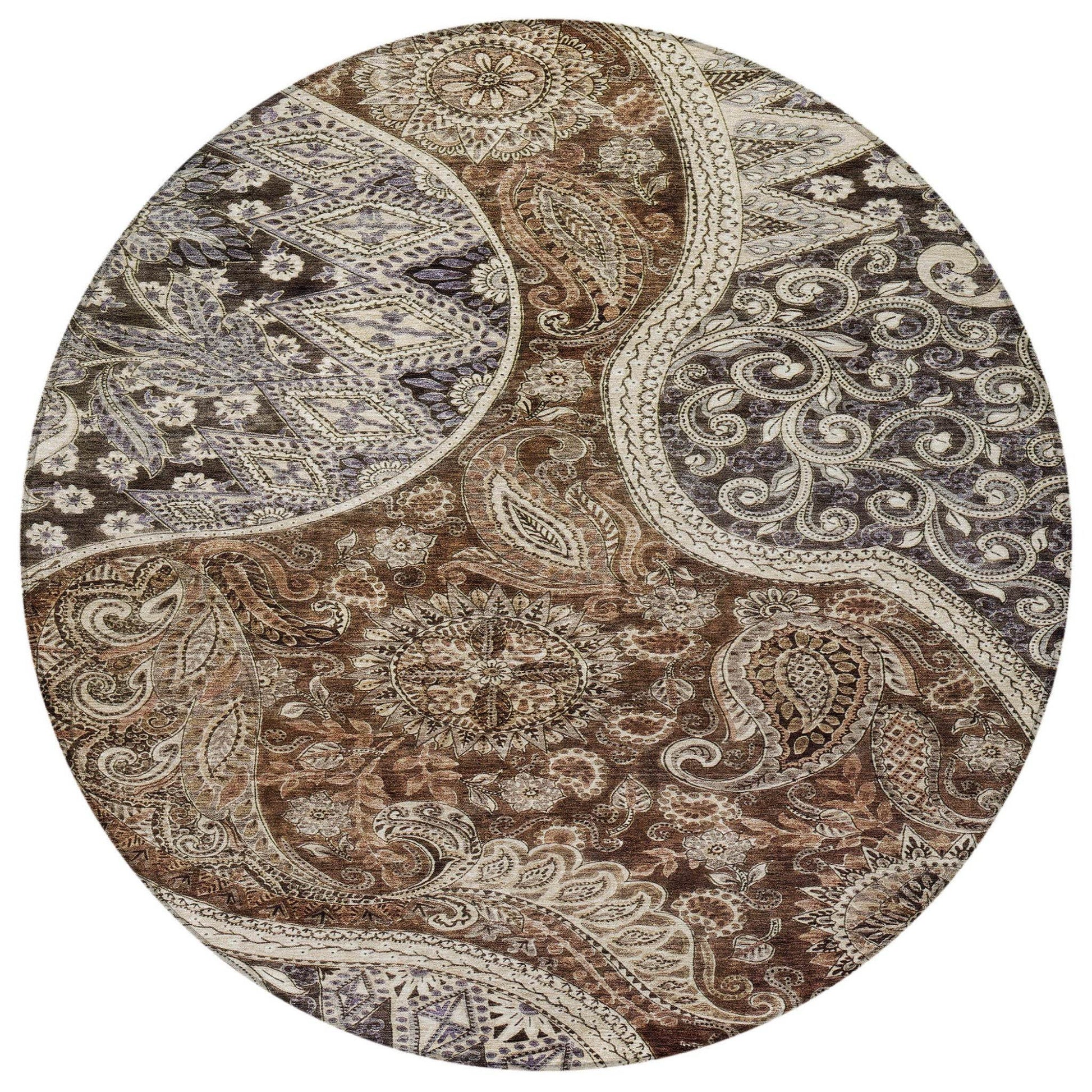 8' Brown Beige And Tan Round Floral Medallion Washable Indoor Outdoor Area Rug - Loft&Timber