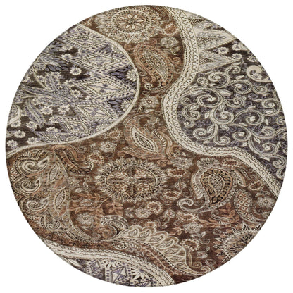 8' Brown Beige And Tan Round Floral Medallion Washable Indoor Outdoor Area Rug - Loft&Timber
