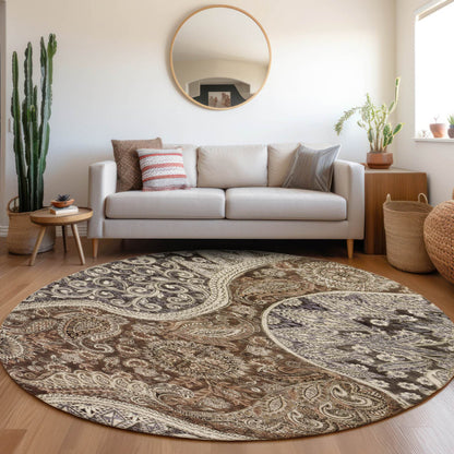 8' Brown Beige And Tan Round Floral Medallion Washable Indoor Outdoor Area Rug - Loft&Timber