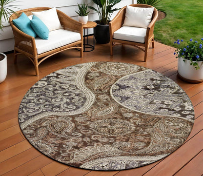 8' Brown Beige And Tan Round Floral Medallion Washable Indoor Outdoor Area Rug - Loft&Timber