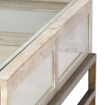 44" Off White Clear And Gold Solid Wood Glass And Iron Storage Coffee Table - Loft&Timber