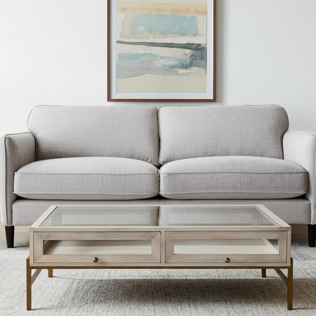 44" Off White Clear And Gold Solid Wood Glass And Iron Storage Coffee Table - Loft&Timber