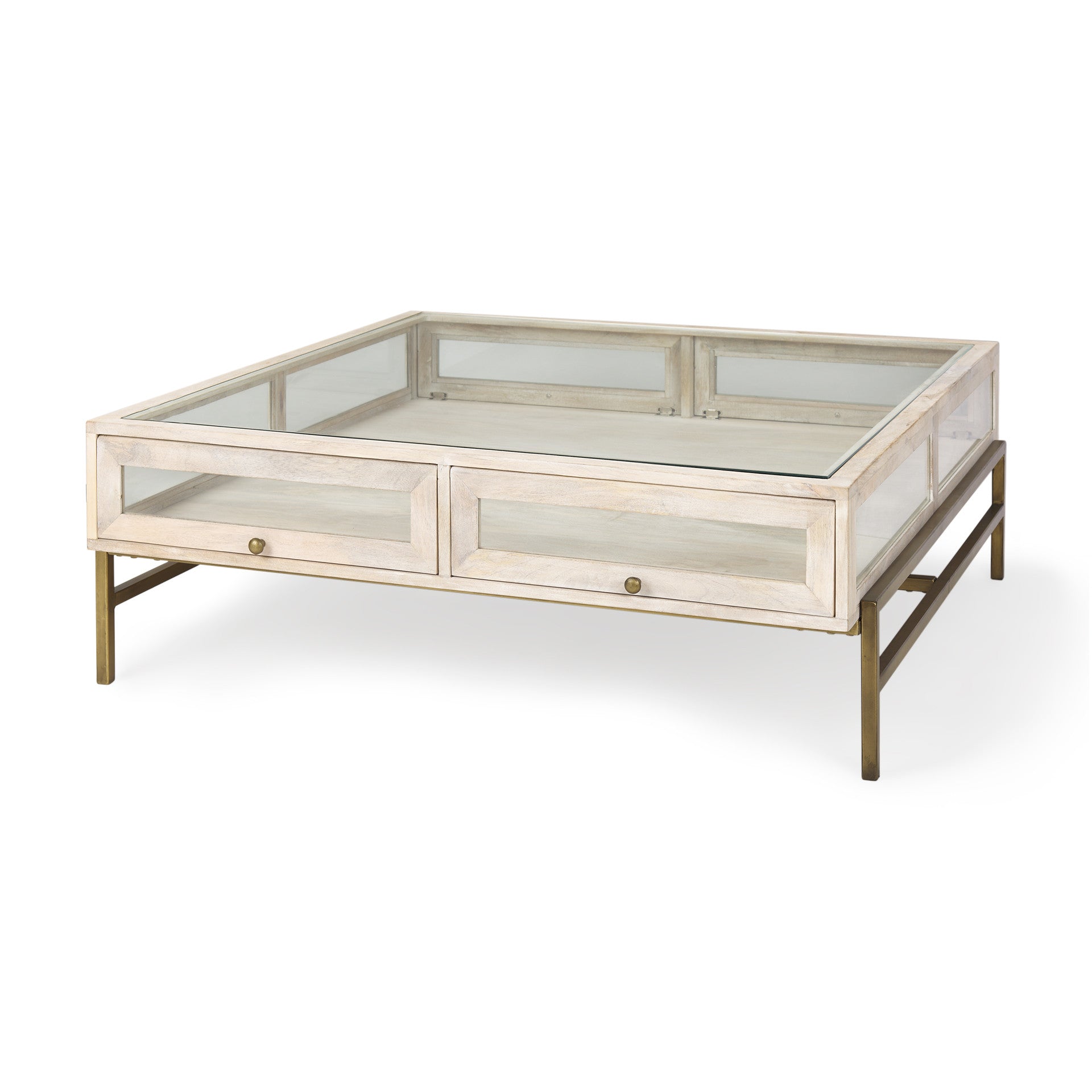 44" Off White Clear And Gold Solid Wood Glass And Iron Storage Coffee Table - Loft&Timber