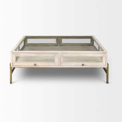 44" Off White Clear And Gold Solid Wood Glass And Iron Storage Coffee Table - Loft&Timber