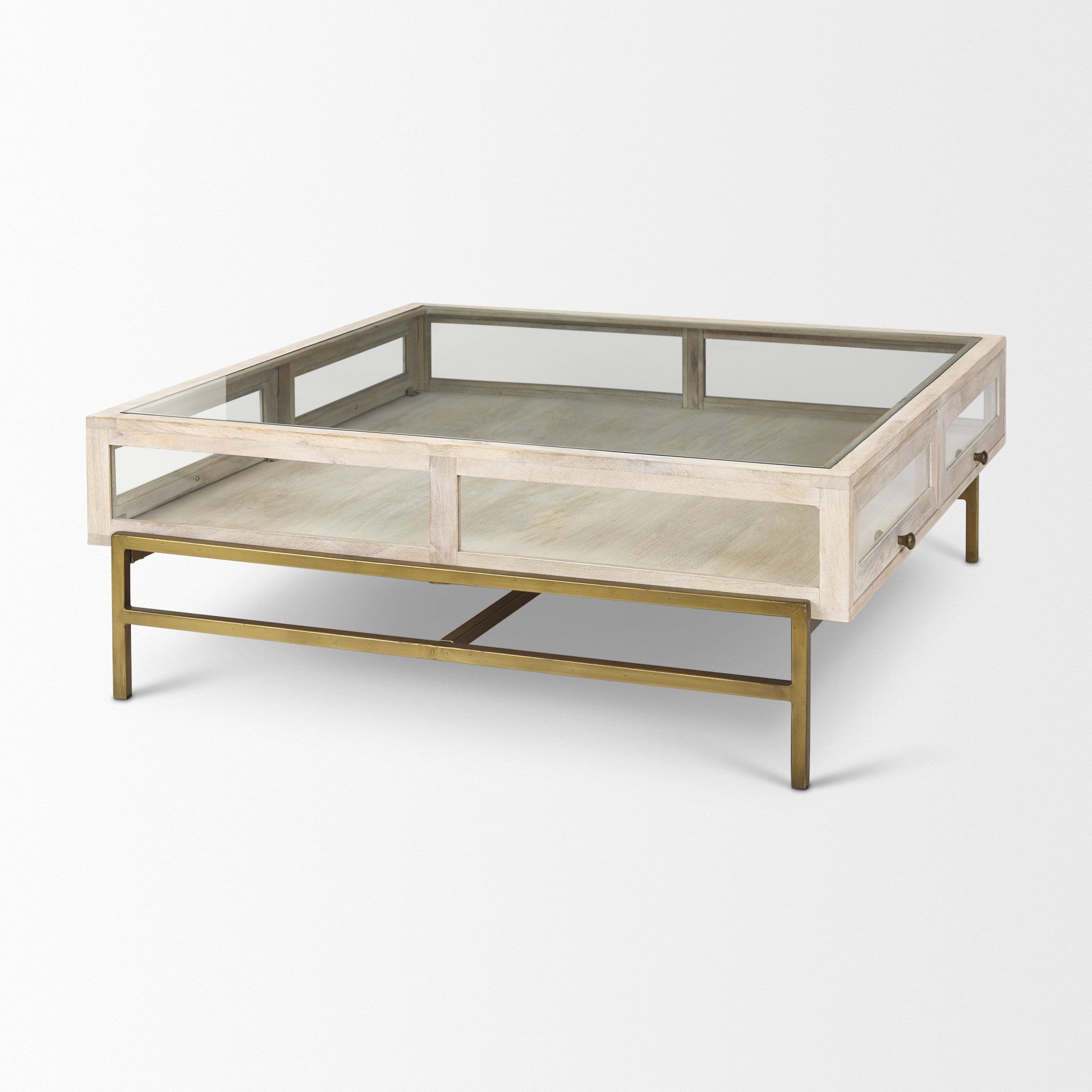 44" Off White Clear And Gold Solid Wood Glass And Iron Storage Coffee Table - Loft&Timber