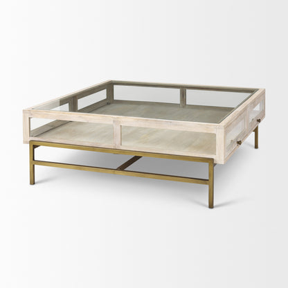 44" Off White Clear And Gold Solid Wood Glass And Iron Storage Coffee Table - Loft&Timber