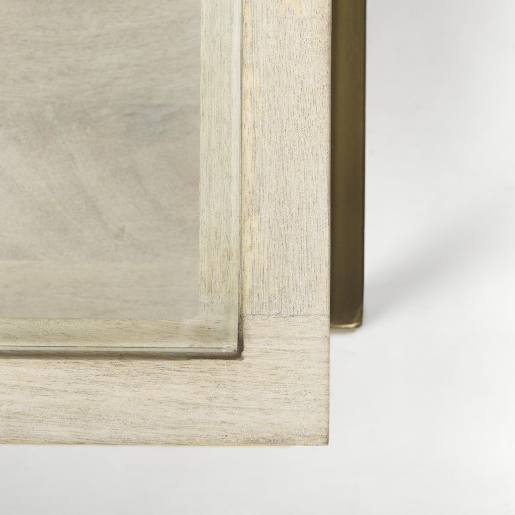 44" Off White Clear And Gold Solid Wood Glass And Iron Storage Coffee Table - Loft&Timber