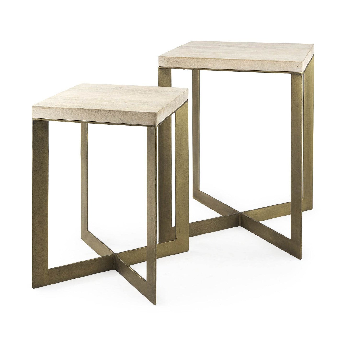 Set of Two Natural and Gold Solid Wood and Metal Square Cross Legs Nested Tables - Loft&Timber