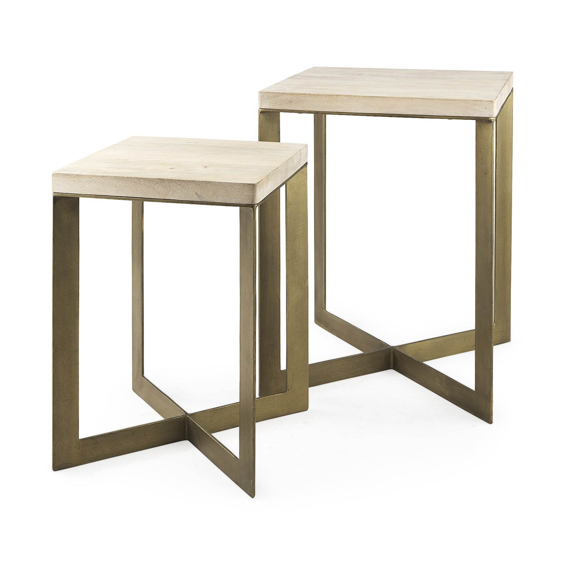 Set of Two Natural and Gold Solid Wood and Metal Square Cross Legs Nested Tables - Loft&Timber