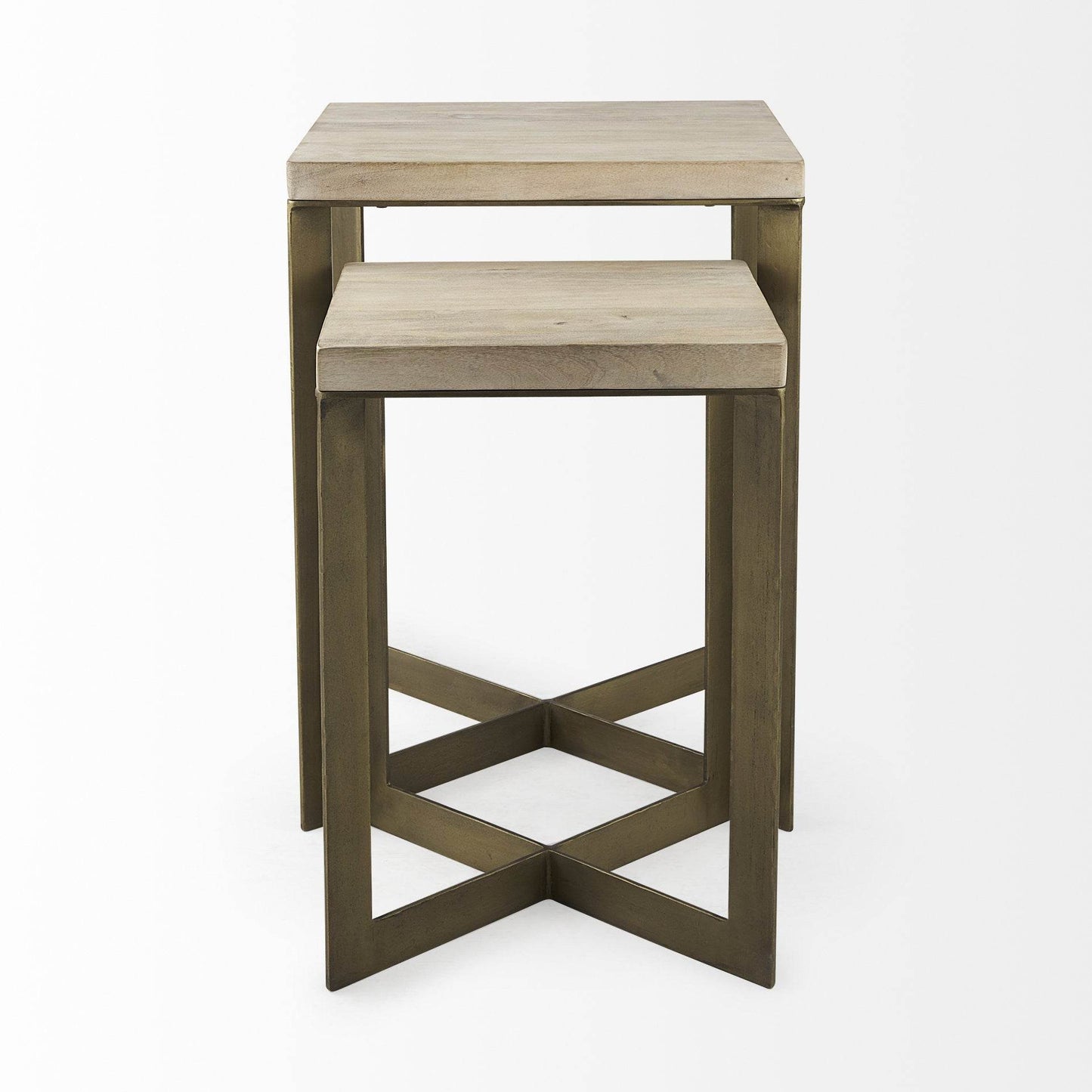Set of Two Natural and Gold Solid Wood and Metal Square Cross Legs Nested Tables - Loft&Timber