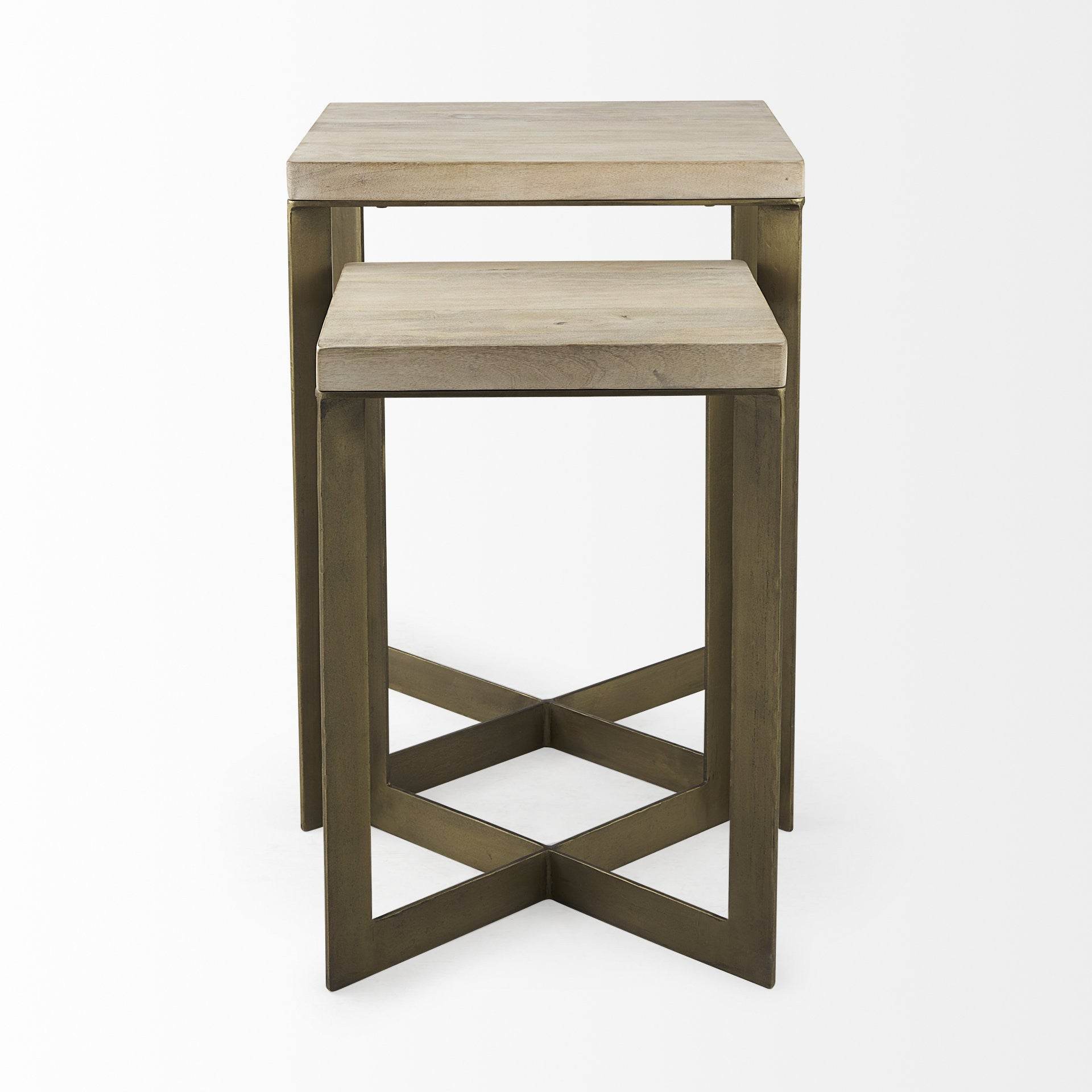 Set of Two Natural and Gold Solid Wood and Metal Square Cross Legs Nested Tables - Loft&Timber