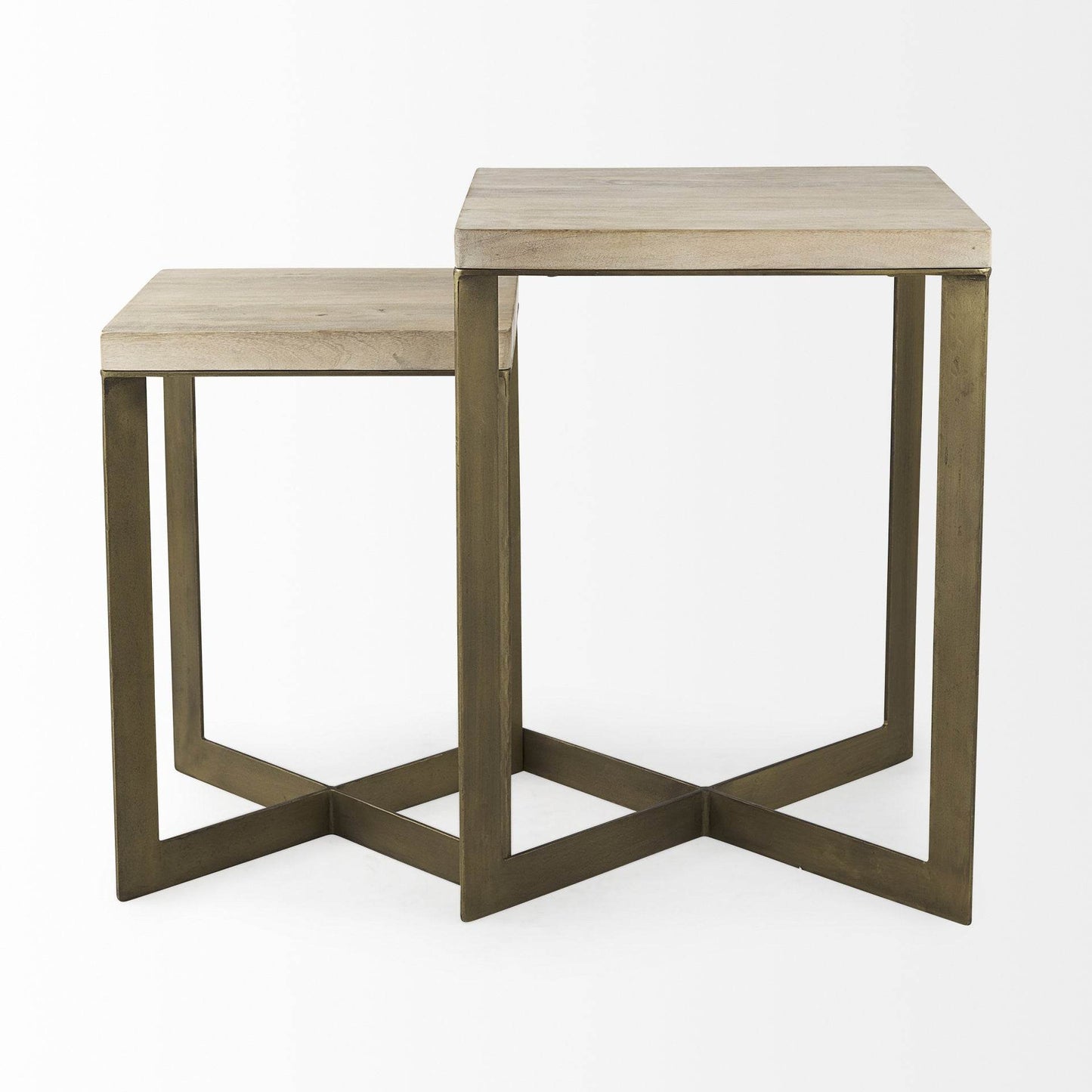 Set of Two Natural and Gold Solid Wood and Metal Square Cross Legs Nested Tables - Loft&Timber