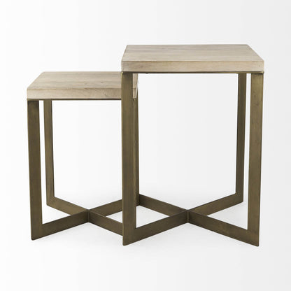 Set of Two Natural and Gold Solid Wood and Metal Square Cross Legs Nested Tables - Loft&Timber