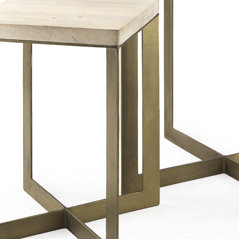 Set of Two Natural and Gold Solid Wood and Metal Square Cross Legs Nested Tables - Loft&Timber