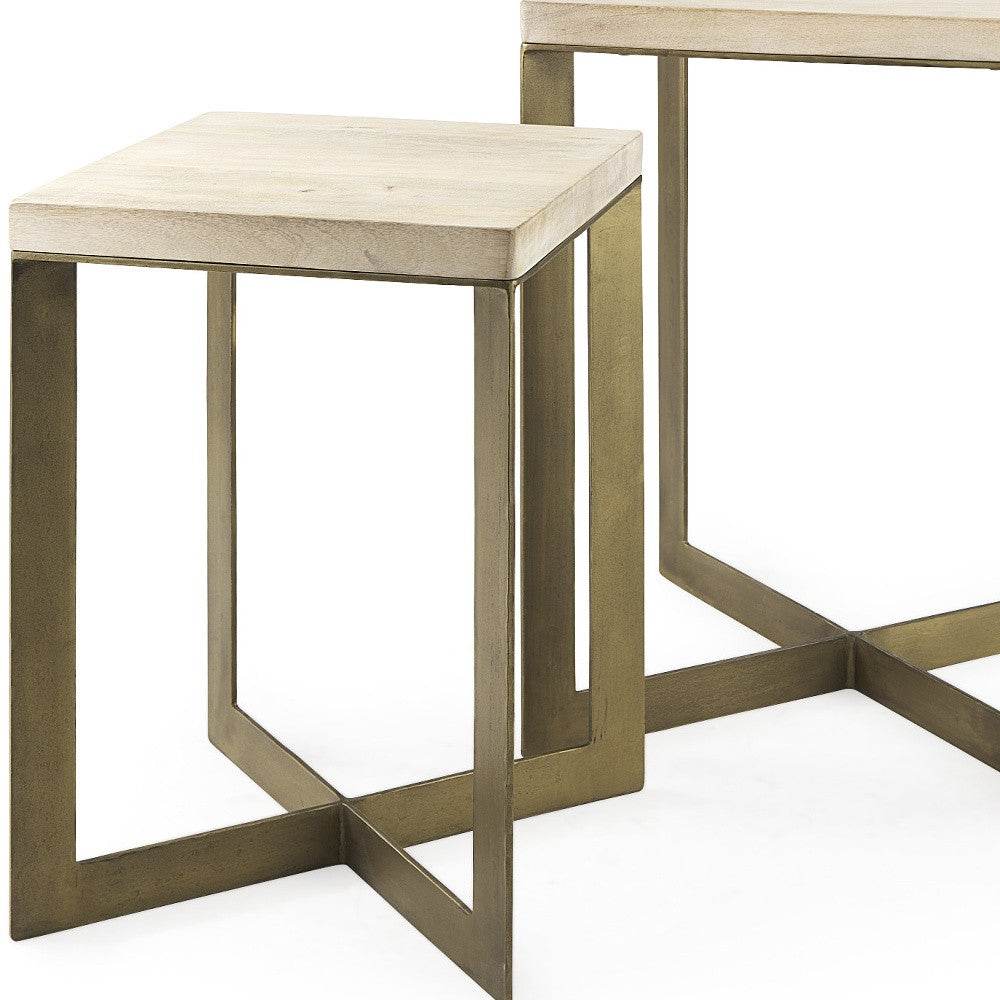 Set of Two Natural and Gold Solid Wood and Metal Square Cross Legs Nested Tables - Loft&Timber